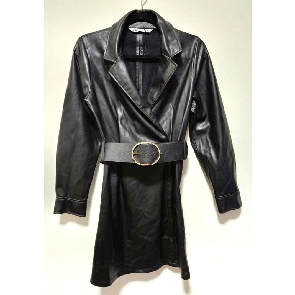 Zara Faux Leather Belted Trench Wrap Dress Jacket Black S